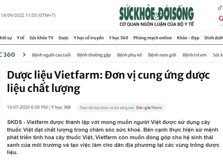 Báo Sức khỏe đời sống nhận định Trung tâm dược liệu Vietfarm là đơn vị uy tín