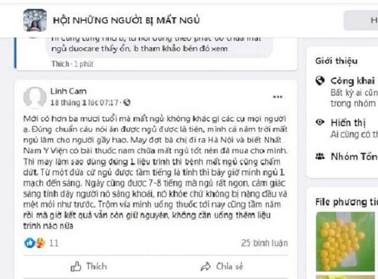 Bệnh nhân Linh Cam review bài thuốc Nhất Nam Định Tâm Khang trong group những người mất ngủ trên FB