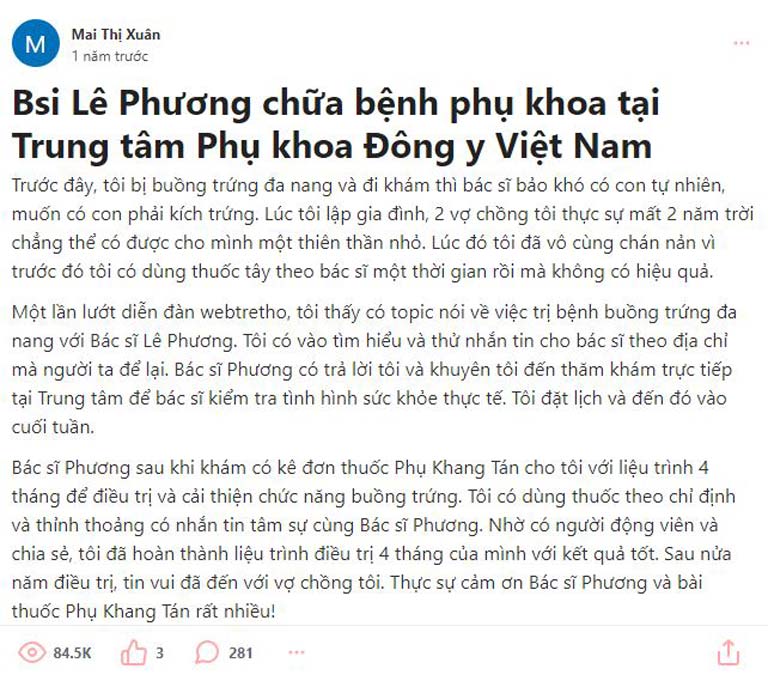 Chia sẻ của chị Mai Thị Xuân về hành trình trị bệnh phụ khoa với Bác sĩ Lê Phương